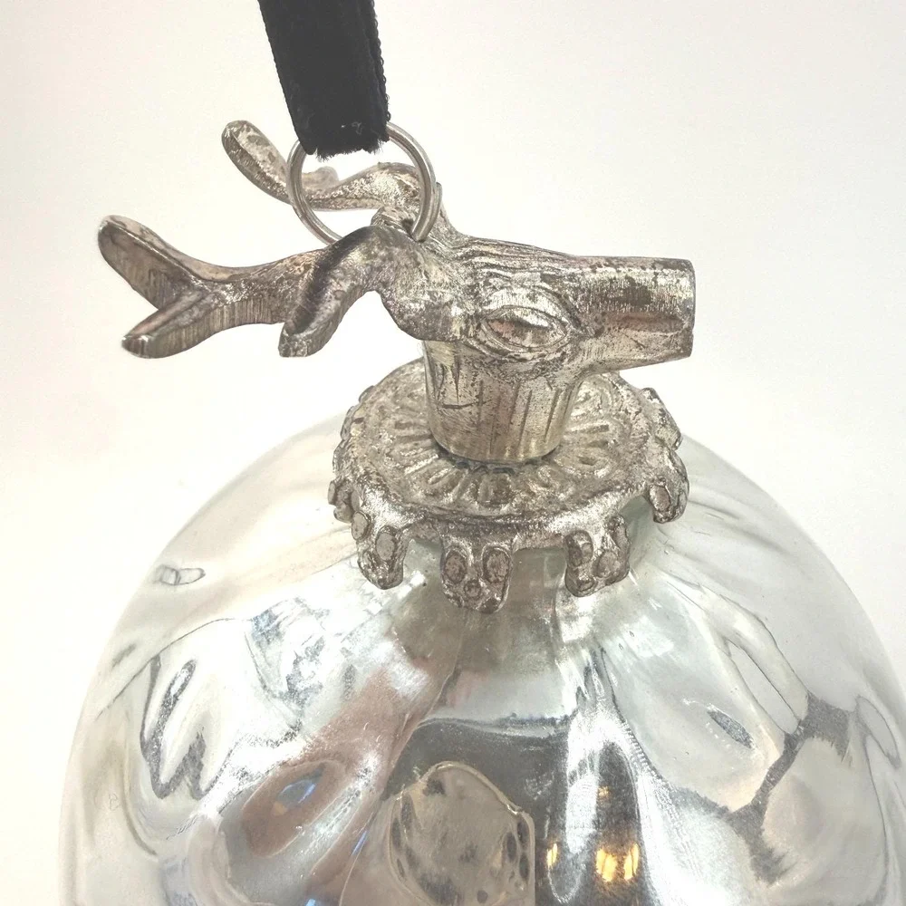 Mercury Glass Ornament Silver‎ Stag Deer Head Hammered Bauble